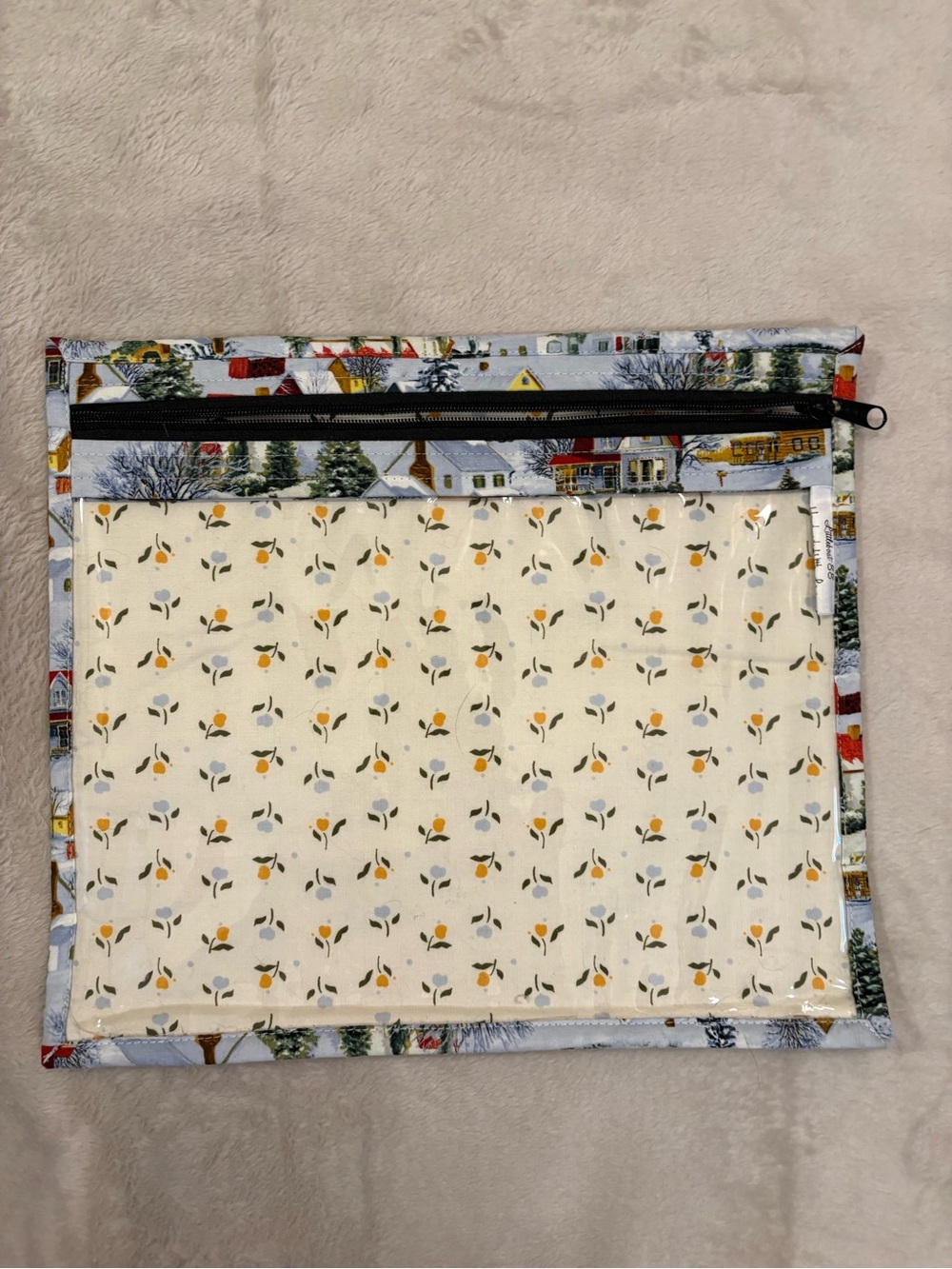 Cross Stitch Pouch. Floral Vinyl Pouch with Village Print Trim - Yellow